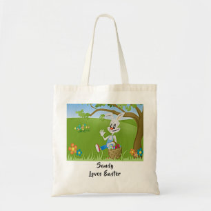 Tote Bag Pâques Lapin Panier d'oeufs Ajouter le nom Aime Pâ