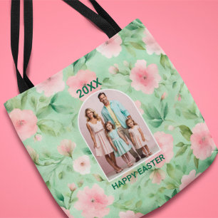 Tote Bag Pâques Photo personnalisée Pastel Rose & Flore ver