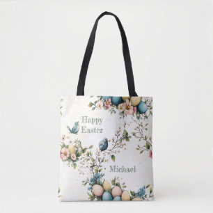 Tote Bag Pâques Printemps Oiseaux Œufs Pastel Aquarelle Flo