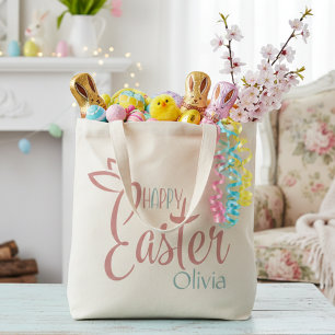 Tote Bag Pâques Rétro Rose Et Bleu Personnalisé Joyeux