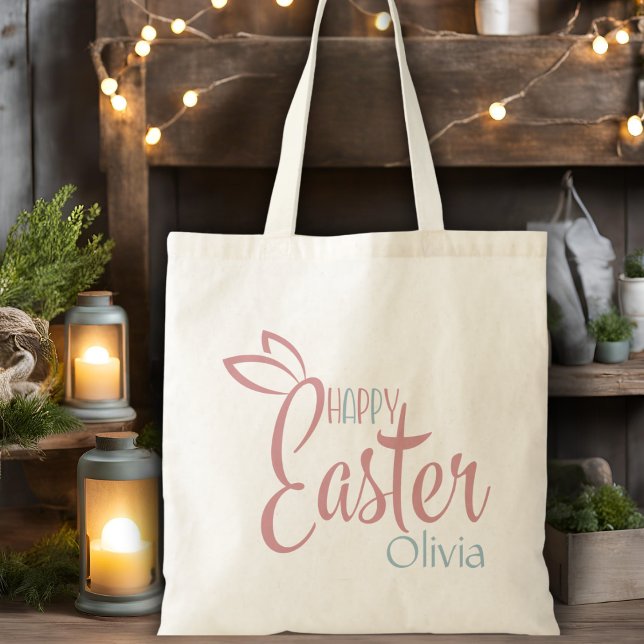 Tote Bag Pâques Rétro Rose Et Bleu Personnalisé Joyeux (Retro Pink And Blue Personalized Happy Easter Tote Bag)