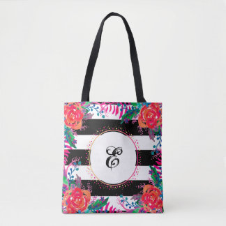Tote Bag paquets floraux personnalisés et rayés noirs