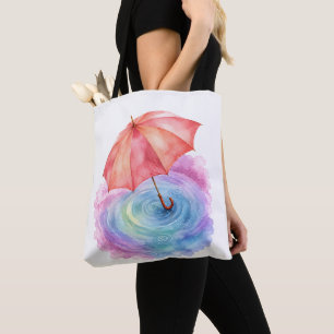Tote Bag Parapluie Pastel Ondulations de Pluie Art Aquarell