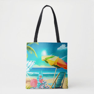 Tote Bag Parapluies de plage d'été, planche de surf et arbr