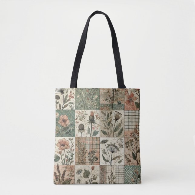 Tote Bag Parcelle & Patchwork en terre cuite rose et verte  (Devant)
