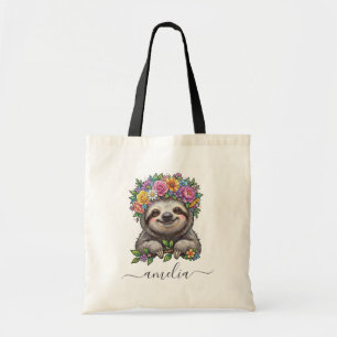 Tote Bag Paresseux Floral Mignon Personnalisé avec Couronne