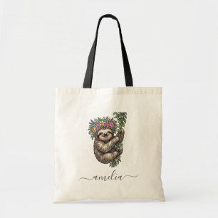 Tote Bag Paresseux Floral Mignon Personnalisé avec Couronne