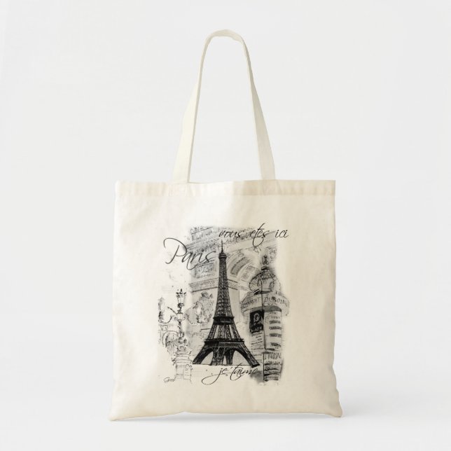 Tote Bag Paris Black & White Street avec la Tour Eiffel (Devant)