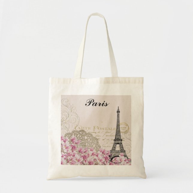 Tote Bag Paris France Tour Eiffel Fleurs roses Vintages (Devant)