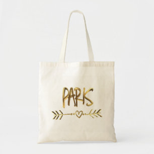 Tote Bag Paris Heart Arrow Elegant Gold Typographie Brown