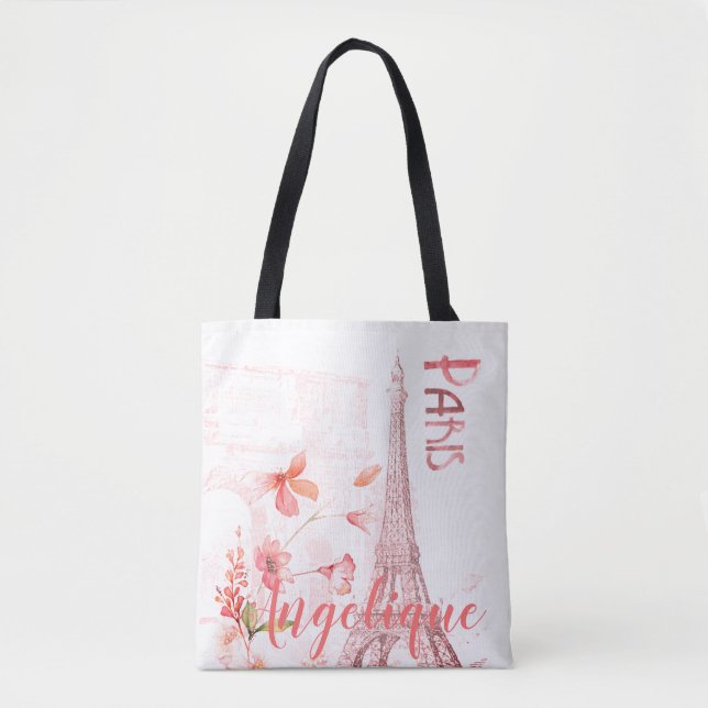 Tote Bag Paris Scène et Fleurs roses Personnalisées (Devant)