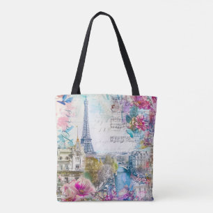 Tote Bag Paris Tour Eiffel Fleurs Collage Art Voyage