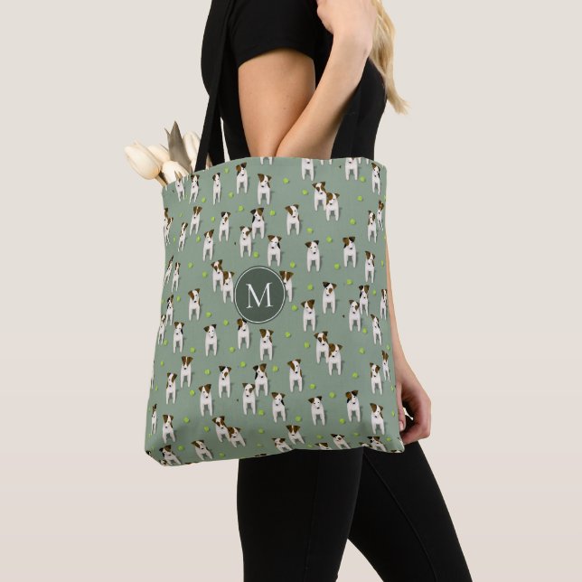Tote Bag Parson Jack Russells chiens balles de tennis sauge (De près)
