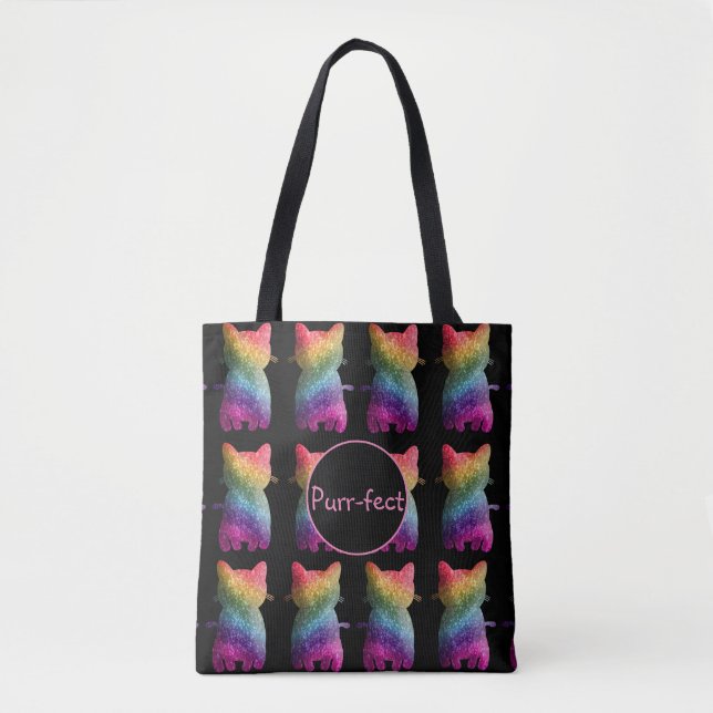 Tote Bag Parties scintillant arc-en-ciel foncé chat arc-en- (Devant)