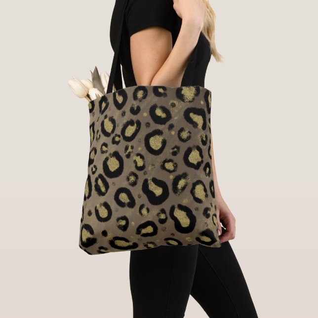 Tote Bag Parties scintillant Brown en or et Cheetah léopard (De près)