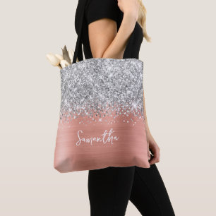 Tote Bag Parties scintillant d'argent rose Peach Nom du gla
