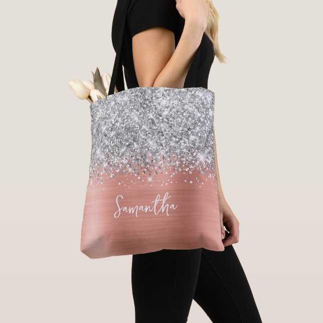 Tote Bag Parties scintillant d'argent rose Peach Nom du gla (De près)