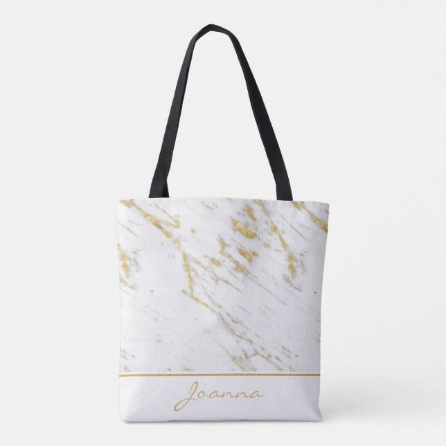 Tote Bag Parties scintillant d'or de Marbre blanc monogramm (Dos)