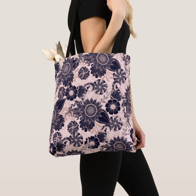 Tote Bag Parties scintillant d'or Rose Girly Navy Illustrat (De près)