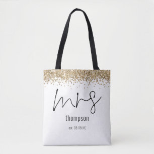 Tote Bag Parties scintillant d'or Script Mme Nom Date Marié
