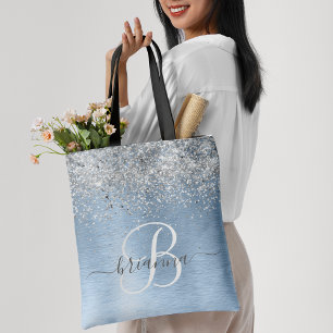 Tote Bag Parties scintillant en argent brossé bleu Nom du m
