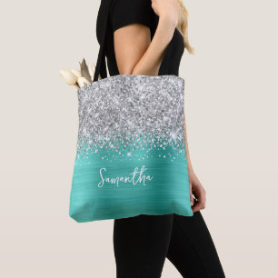 Tote Bag Parties scintillant en argent Turqoise Glam Nom