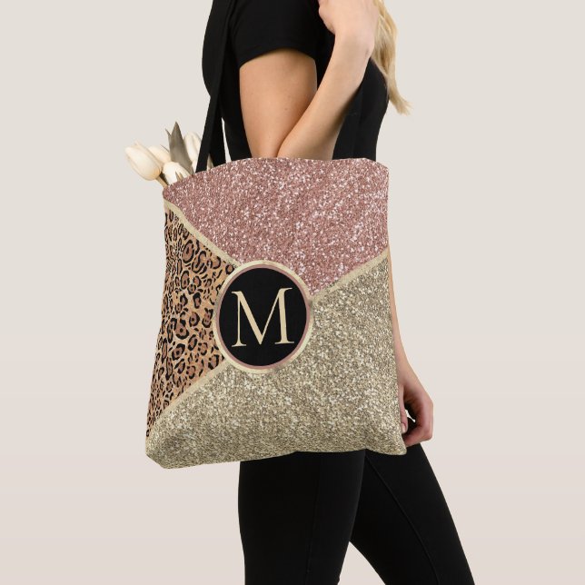 Tote Bag Parties scintillant en or Rose rayé Leopard Monogr (De près)