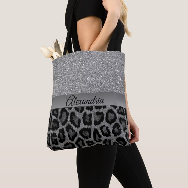 Tote Bag Parties scintillant Glam Grey et Black Leopard (De près)