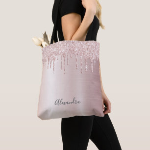 Tote Bag Parties scintillant goutte rose or ombre nom girly