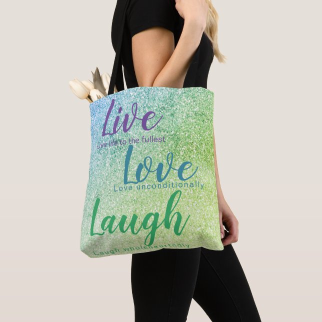 Tote Bag Parties scintillant Inspirer Live Amour Rire Bleu  (De près)