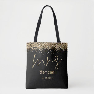 Tote Bag Parties scintillant Or Script Mme Nom Date Mariée