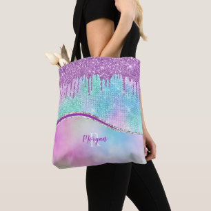 Tote Bag Parties scintillant pourpre et étincelle, nom et m