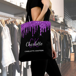 Tote Bag Parties scintillant violet noir gouttes initiales 