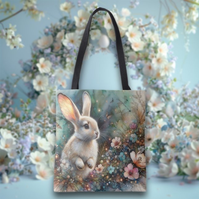 Tote Bag Pastel Aquarelle Florale Lapin Bois Pâques (Créateur téléchargé)