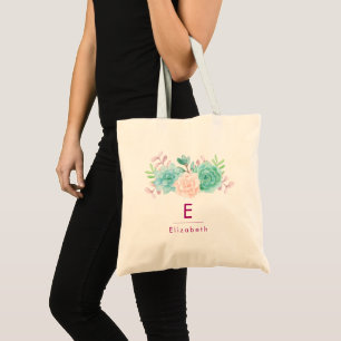 Tote Bag Pastel Pink & Green Bouquet Floral Monogramme