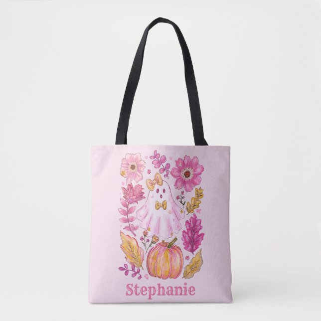 Tote Bag Pastel Pink Halloween Ghost with Custom Name (Devant)
