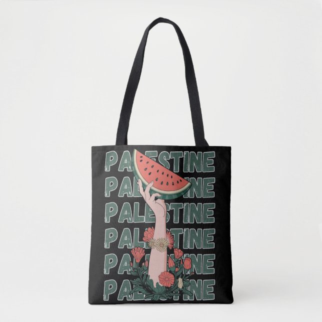 Tote Bag pastèque, fleurs et palestine Texte Répéter (Devant)