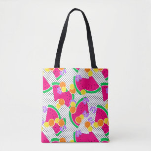 Tote Bag Pastèque rouge citrons jaunes Tropical sur blanc
