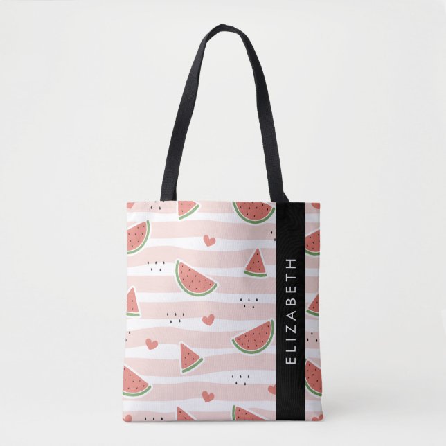 Tote Bag Pastèques Rouges, Coeurs, Bandes, Votre Nom (Devant)
