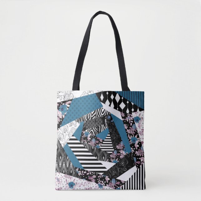 Tote Bag patchwork bleu, populaire, patchwork, folle, rusti (Devant)
