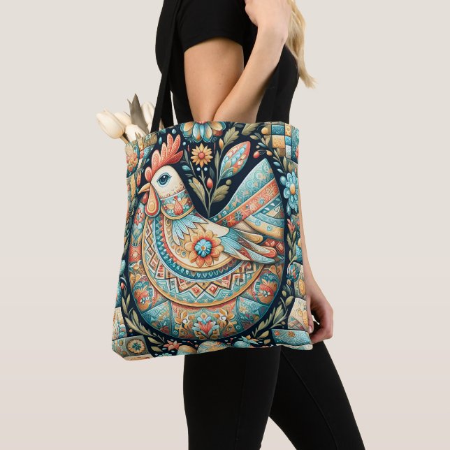 Tote Bag Patchwork Boho Russe Folk art Tous bleus Pâques (De près)