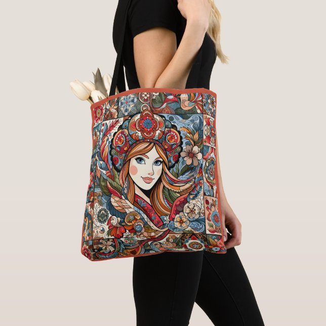 Tote Bag Patchwork d'art populaire russe Bohème Chic Rouge  (De près)