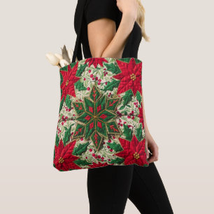 Tote Bag Patchwork vert et rouge floral flocon de neige