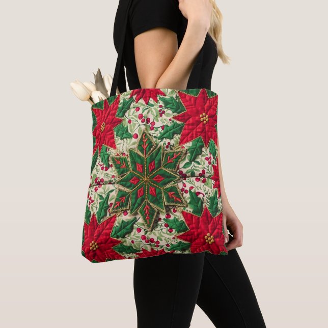 Tote Bag Patchwork vert et rouge floral flocon de neige (De près)