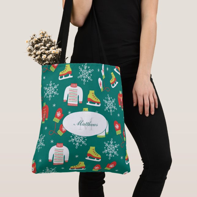 Tote Bag Patins à glace et flocons de neige Motif Monogramm (De près)