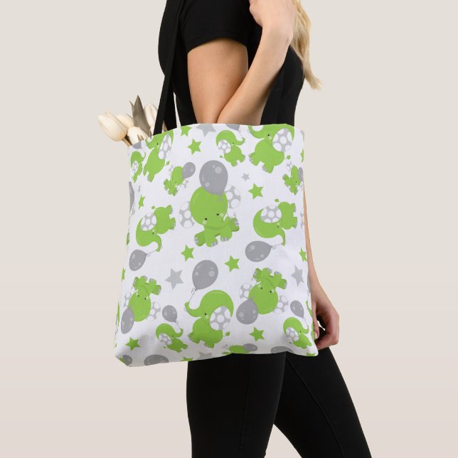 Tote Bag Pattern of Green Elephants, Cute Elephants, stars (De près)