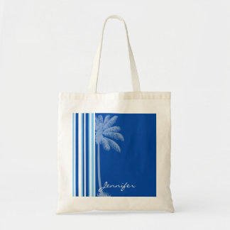 Tote Bag Paume tropicale ; Rayures bleues et blanches