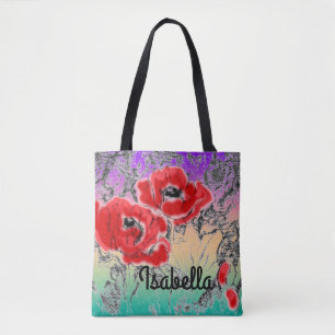 Tote Bag Pavot à fleurs rouges noires grises croisées