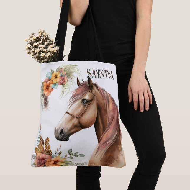 Tote Bag Pays aquarelle cheval chute nom boho (De près)