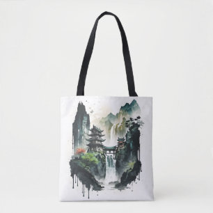 Tote Bag Paysage antique de l'encre chinoise avec cascade